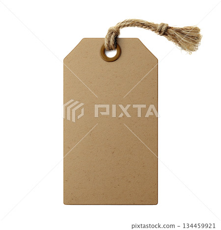 Blank Brown Gift Tag Hanging From String With a Clean Surface for Writing Messages 134459921