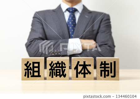 一位商人雙手交叉放在胸前,旁邊放著一塊寫著「組織結構」字樣的積木。 一位商人雙手交叉放在胸前,旁邊放著一塊寫著「組織結構」字樣的積木。 134460104