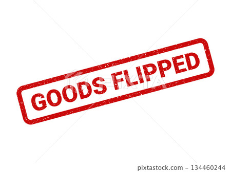 Grunge red rectangular rubber stamp displaying GOODS FLIPPED indicating a change in ownership or quick resale status 134460244