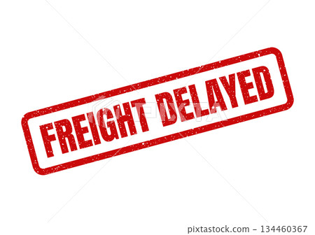 Grunge style red rubber stamp imprint showing FREIGHT DELAYED for tracking shipping timeline disruptions 134460367