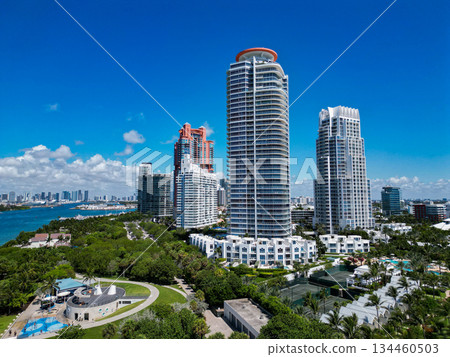 Summer vacation. South beach aerial city. Cityscape. Miami beach skyscraper view. Marina in Miami Beach, Florida USA. Biscayne bay. Downtown Miami Marina with luxury cityscape view. Luxury hotel 134460503