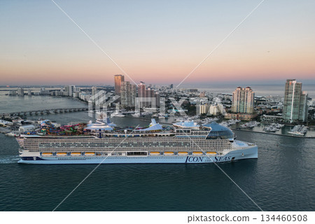 Miami, Florida, USA - November 23, 2024: Cruise ship vacation. Cruise ship in summer vacation. Cruise ship vacation and travel at sea. Luxury liner. Icon of the seas 134460508
