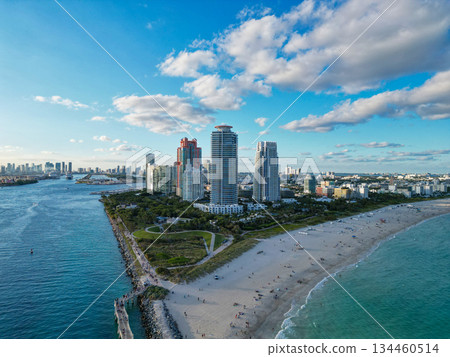 Sea or ocean beach. Miami South beach landscape aerial view. Skyline aerial on Miami marina, Florida. Aerial Miami south beach. Marina landscape in South Beach, USA. Skyline panorama 134460514