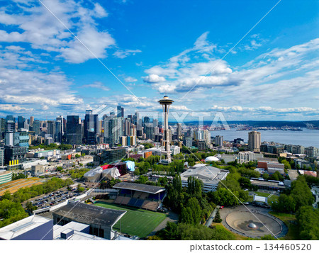Aerial view of Seattle with Space Needle tower, drone view. Seattle downtown skyline. Aerial Seattle. Space Needle. Modern Seattle district, Elliott Bay. Architecture of aerial Space needle 134460520