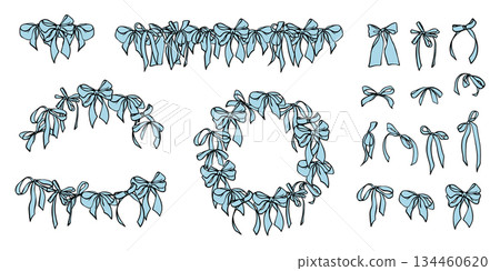 Collection of Trendy Blue Coquette Ribbon Bow, Bow Garland, Bow wreath. Hand-Drawn Feminine Vintage Elements for wedding invitation, textile, seasonal designs, cards, web banner. Vector Illustration. 134460620