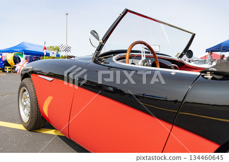 Chicago, Illinois, USA - September 08, 2024: 1962 Austin Healey 3000 two seat roadster retro convertible car, corner view. Retro car. Retro Austin Healey 3000 car. Austin Healey at Chicago 134460645