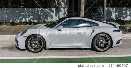 Miami Beach, Florida USA - June 9, 2024: Porsche 911 GT3 at miami beach. Grey Porsche 911 GT3 Miami Beach, Florida USA - June 9, 2024: Porsche 911 GT3 at miami beach. Grey Porsche 911 GT3 134460797