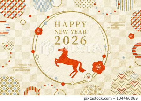 2026年馬年:馬、梅花和日式圖案-時尚新年賀卡 2026年馬年:馬、梅花和日式圖案-時尚新年賀卡 134460869