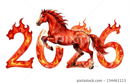 2026 Year of the Fire Horse, fiery red zodiac horse with burning numbers illustration. 2026 Year of the Fire Horse, fiery red zodiac horse with burning numbers illustration. 134461113