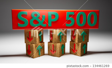 S and P 500 index symbol. Wooden blocks displaying S and P 500 and directional arrows indicating market trends with green and red symbols. On a table with a white background. 3d rendering S and P 500 index symbol. Wooden blocks displaying S and P 500 and directional arrows indicating market trends with green and red symbols. On a table with a white background. 3d rendering 134461269