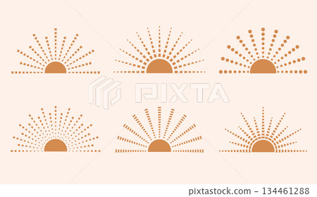 Line, dotted rays half sun, sunburst, sunrise, sunset decorative symbols. Bohemian style groovy vector shapes, illustrations, icons for card, poster, banner, logo. Line, dotted rays half sun, sunburst, sunrise, sunset decorative symbols. Bohemian style groovy vector shapes, illustrations, icons for card, poster, banner, logo. 134461288