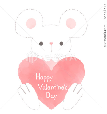 Valentine's Day illustration of a mouse holding a pink heart 134461377