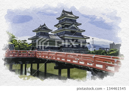 Watercolor style Matsumoto Castle, castle tower and buried bridge, Matsumoto City, Nagano Prefecture 134461545