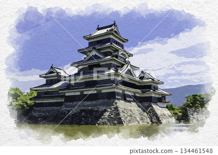 水彩風格的松本城塔樓，位於長野縣松本市 134461548