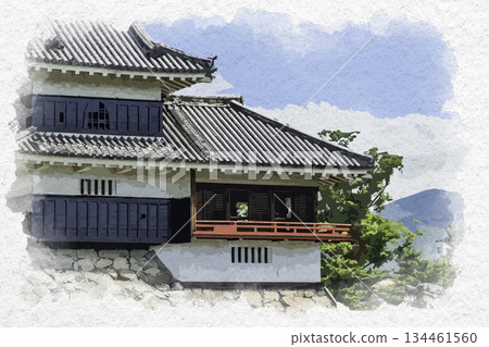 水彩風格的松本城、天守閣、月見塔，位於長野縣松本市 134461560