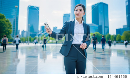 A young woman in a suit standing in an office district with a smartphone. Urban business scene 134461566