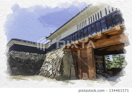 水彩風格的松本城太古門，長野縣松本市 134461571