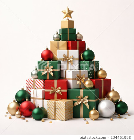 Geometric Christmas tree composition stacked boxes and baubles modern festive concept clean background joyful holiday arrangement with gold ribbon and star topper 134461998
