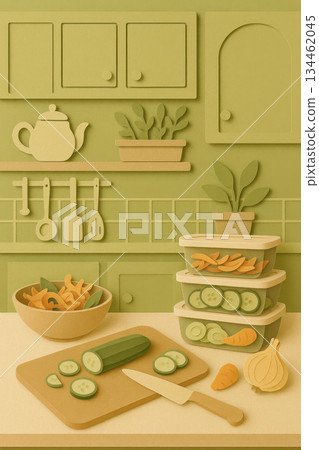 Organized kitchen counter showing vegetable food preparation with green cucumber slices on board and leftover storage container boxes. Warm eco conscious palette creates calm neatly stored mood 134462045