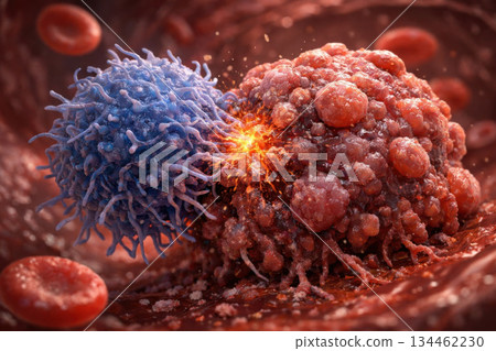 T cell attacking cancerous tumor cell within bloodstream surrounded by red blood cell, detailed medical illustration showing immune system response, cinematic visualization 134462230