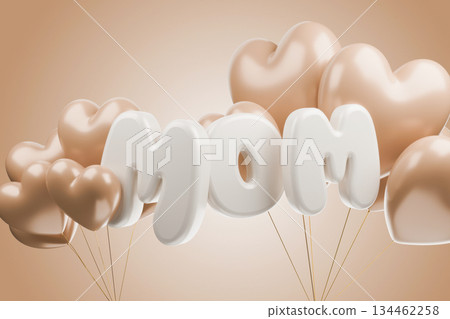 Brown MOM balloons with hearts on beige background. Brown MOM balloons with hearts on beige background. 134462258
