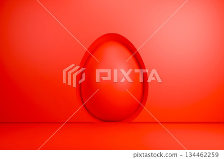 Red 3D Easter egg in a circular wall niche background. 134462259