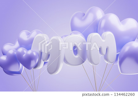 Purple MOM balloons with hearts on purple background. Purple MOM balloons with hearts on purple background. 134462260