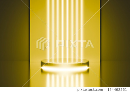 Golden 3D podium with bright vertical light beams. 134462261