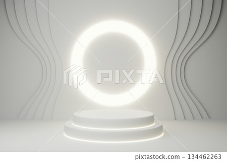 Glowing white neon circle on white 3D podium. 134462263