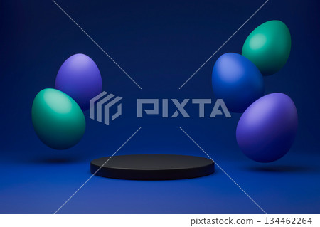 Floating purple and blue Easter eggs around black podium. Floating purple and blue Easter eggs around black podium. 134462264