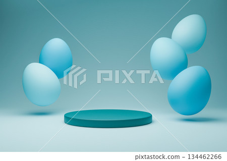 Blue flying Easter eggs around turquoise podium 3D. Blue flying Easter eggs around turquoise podium 3D. 134462266