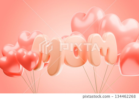 Peach MOM balloons with hearts on peach background. Peach MOM balloons with hearts on peach background. 134462268