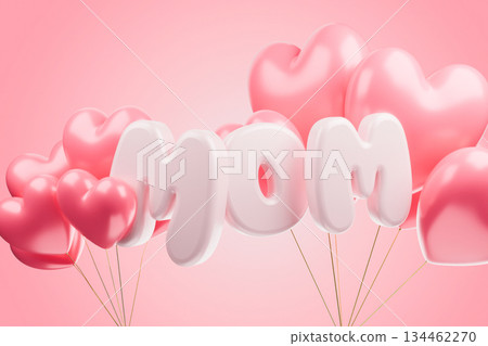 Pink MOM balloons with hearts on pink background. Pink MOM balloons with hearts on pink background. 134462270