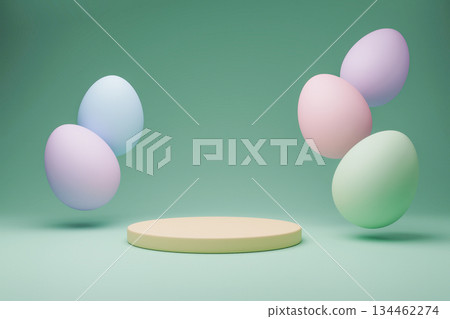 Soft pastel flying Easter eggs around yellow podium 3D. Soft pastel flying Easter eggs around yellow podium 3D. 134462274