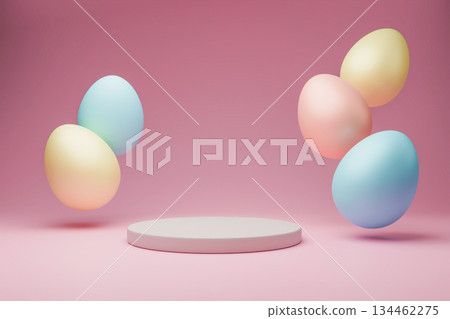Pastel flying Easter eggs around white podium 3D. Pastel flying Easter eggs around white podium 3D. 134462275