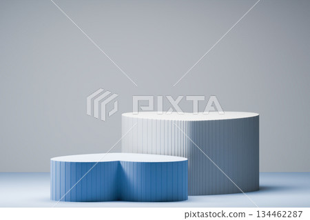 Blue heart-shaped 3D podiums on gray background. 134462287