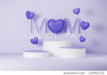 MOM text with purple hearts on purple podium. 134462316