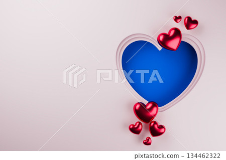 Bright blue heart frame with red balloons on white background. Bright blue heart frame with red balloons on white background. 134462322