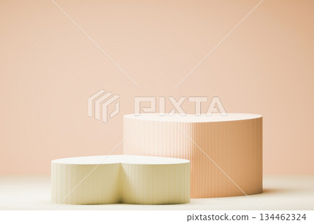 Beige heart-shaped 3D podiums on peach background. 134462324