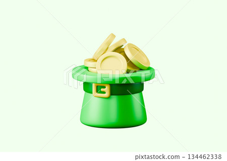 Green leprechaun hat with gold coins, St Patrick Day. Green leprechaun hat with gold coins, St Patrick Day. 134462338