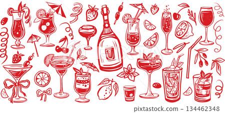 Hand drawn cocktail doodle set Hand drawn cocktail doodle set 134462348