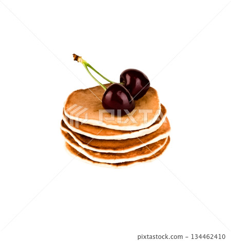 Pancakes with cherries on an isolated background Pancakes with cherries on an isolated background 134462410
