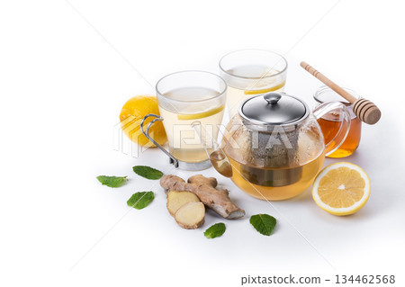 Ginger tea with honey and lemon in a cup 134462568