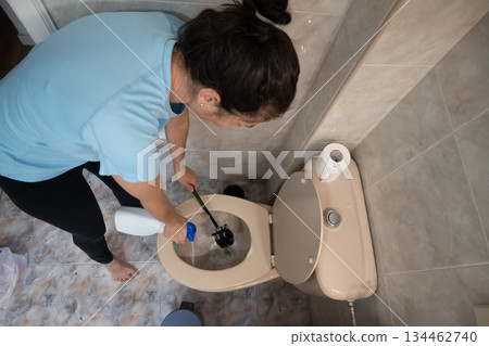 Woman Cleaning the Toilet with a Brush Woman Cleaning the Toilet with a Brush 134462740