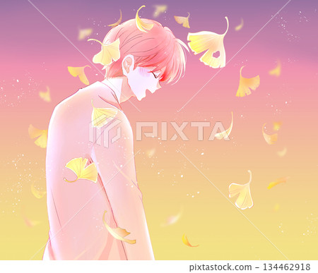 Laughing man, autumn, ginkgo tree, dusk 134462918