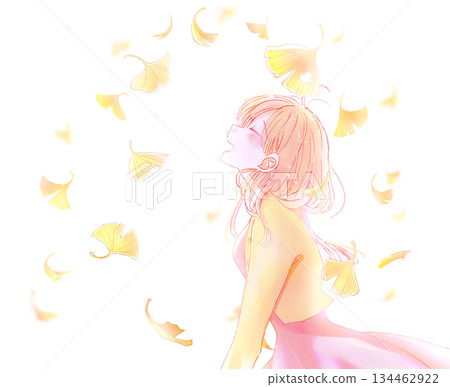 Laughing woman, autumn, ginkgo Laughing woman, autumn, ginkgo 134462922