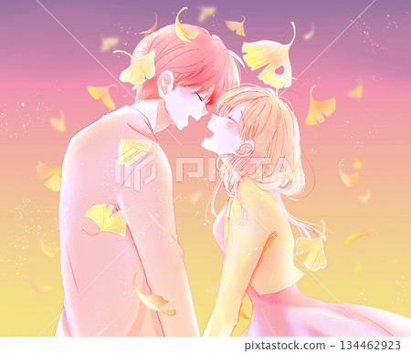 Men and women laughing facing each other Autumn Ginkgo Dusk 134462923