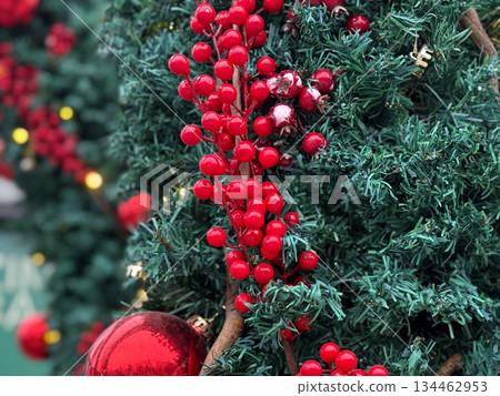 Close-up of Christmas tree branch with red berries and ornaments. Festive seasonal decor, winter celebration and traditional holiday styling. 134462953