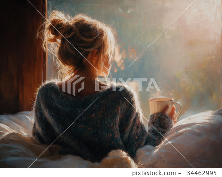 Cozy morning with coffee and warm sunlight through the window 134462995