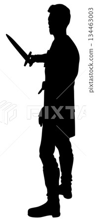 Silhouette of Warrior Holding Sword in Hand Silhouette of Warrior Holding Sword in Hand 134463003